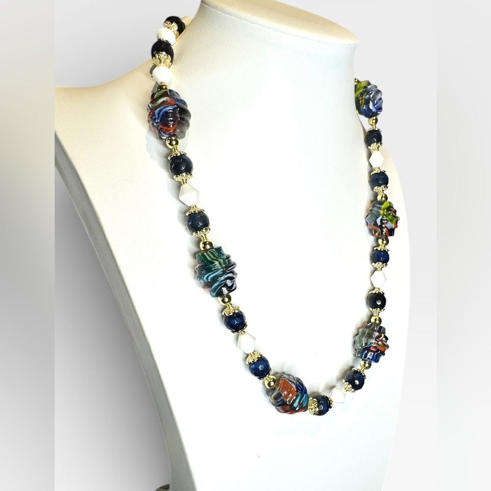 ARTISAN Murano Glass Millefiori, Blue Tiger’s Eye & Vintage Milkglass Necklace - Picture 5 of 16